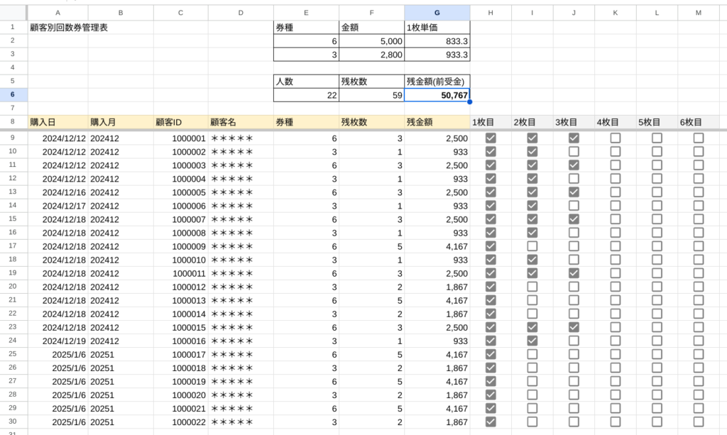  顧客ごとに管理するシート